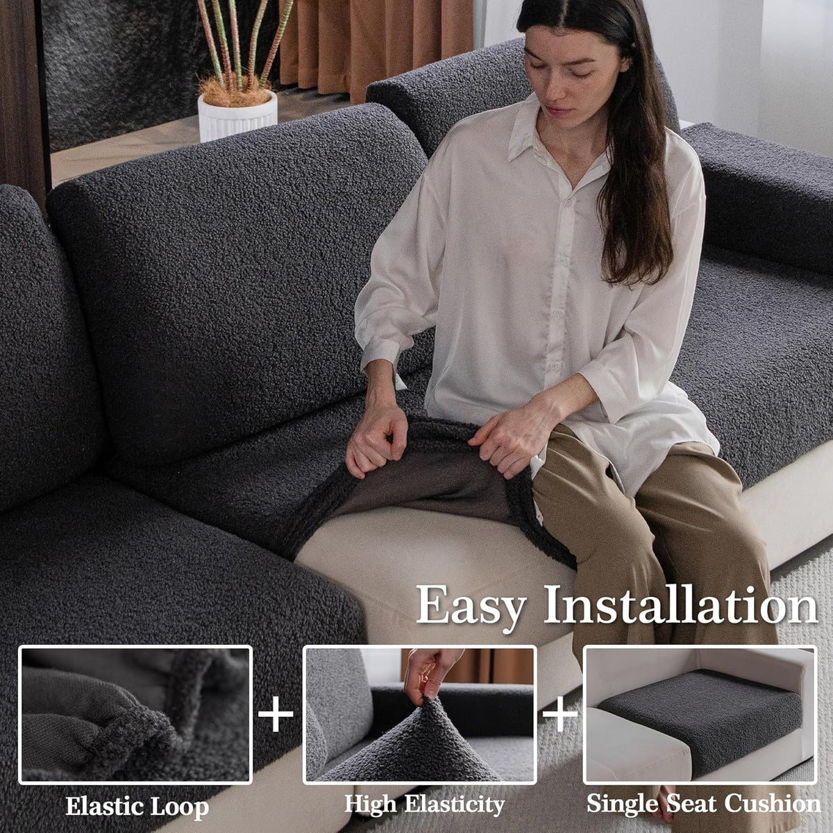Couch Cushion Covers for Sectional Sofa, Stretch Soft Sofa Slipcovers Washable Wear-Resistant Universal Furniture Protector for Living Room(1 Piece Large Cover, Dark Gray)