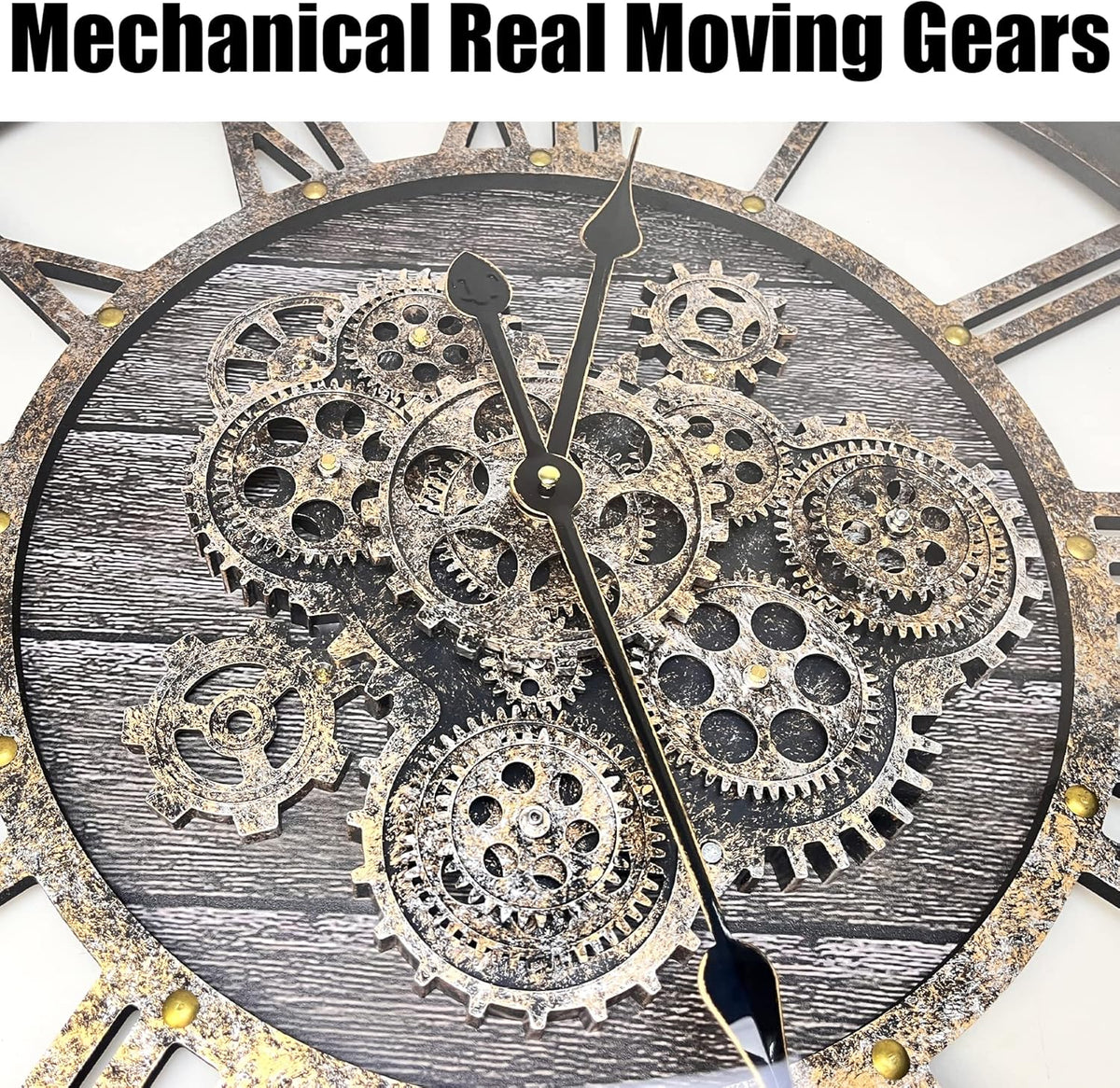 DORBOKER 27" Real Moving Gears Large Wall Clock with Toughened Glass Cover, Giant Wood Farmhouse Clock, Oversized Vintage Industrial Rustic Clock for Living Room Decor Home Kitchen (Carbon Grey)