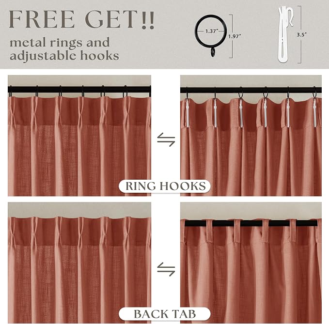 Red Clay Linen Pinch Pleated Curtains 108 Inches Long 2 Panels Firebrick | - Image 5