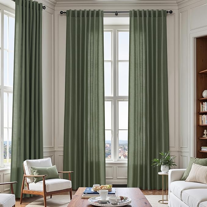 Olive Green Linen Blend Semi Sheer Curtains 108 Inches Long by 70 Inches Wide - Image 7