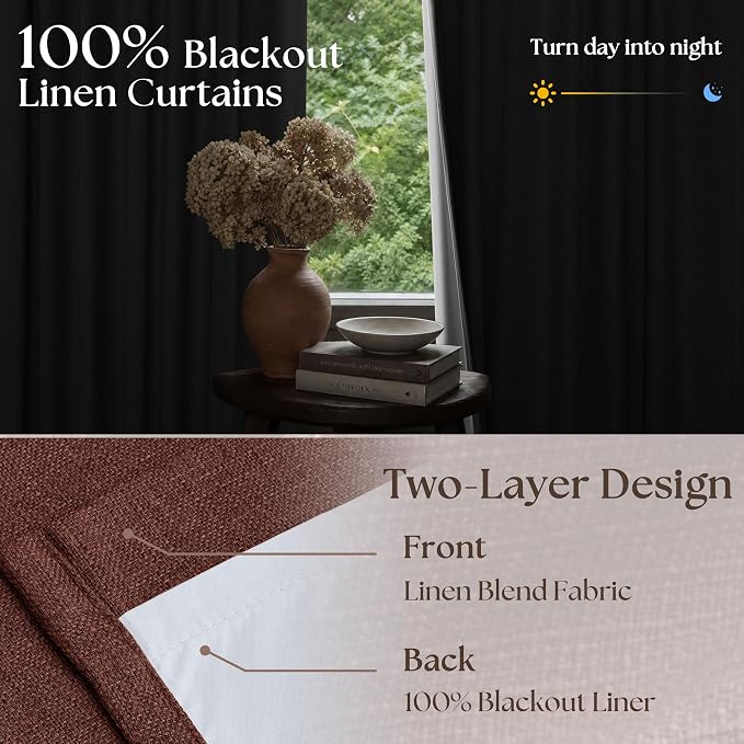 Chestnut Brown 96 Inch Blackout Pinch Pleated Curtains 2 Panels | Thick Linen - Image 2