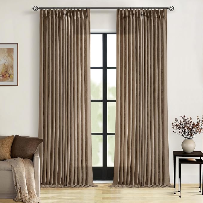 Dark Brown Linen Semi Sheer Pinch Pleated Curtains 108 Inches Long 2 Panels | - Image 8