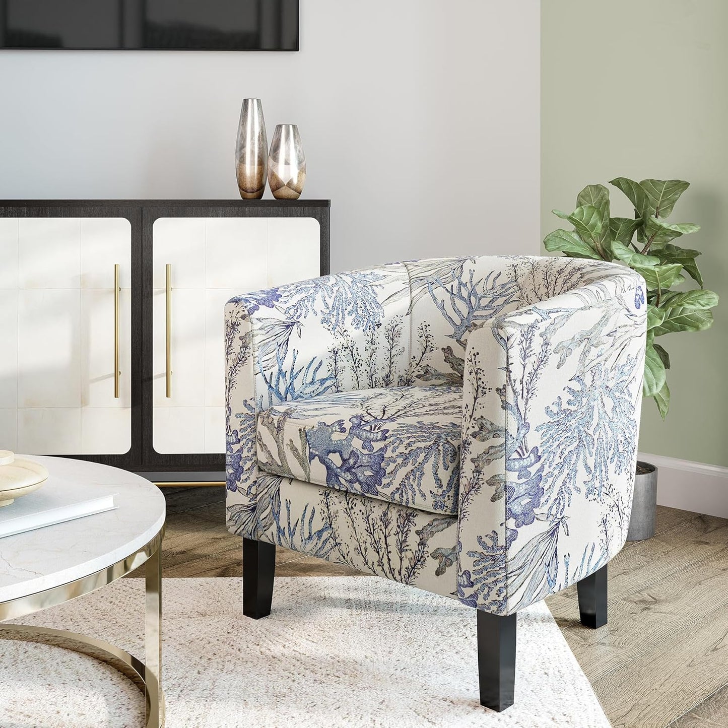 BELLEZE Living Room Chair, Linen Round Accent Barrel Chair, Club Tub Sofa Chair for Bedroom, Corner Chair with Flared Legs and Cozy Soft Padding - Highland (Blue Coral)