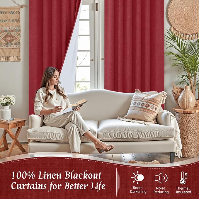 Red 100% Blackout Linen Window Curtains - Image 2