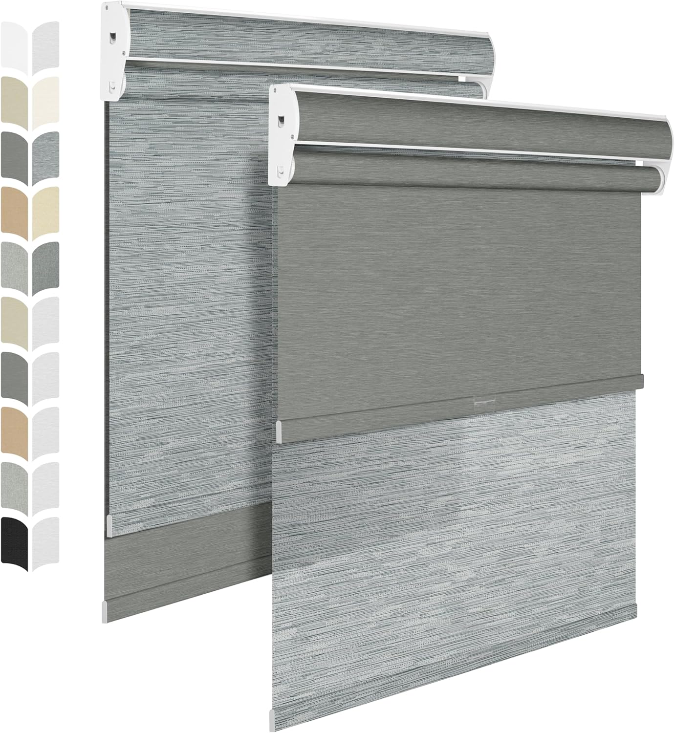 BERISSA Cordless Dual Roller Shades with Cassette Valance, Double Window Shades - Blackout and Light Filtering, Day and Night for Home Office Door. Striped Jacquard Grey. 55 W x 64" H