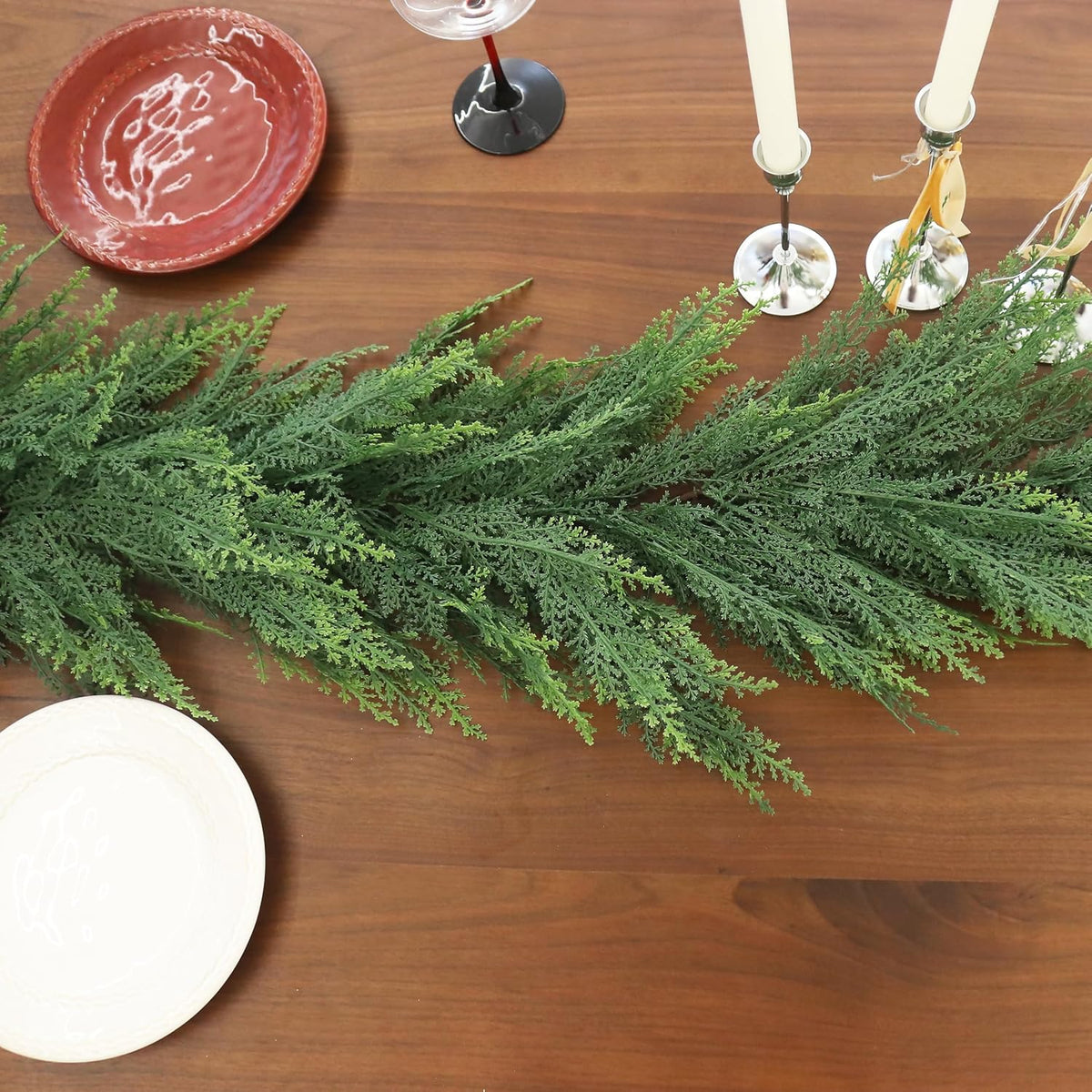 Christmas Cedar Garland Full Real Touch Artificial Green Faux Cypress Realistic Pine Garland for Mantle Fireplace Table Home Decoraiton 6FT