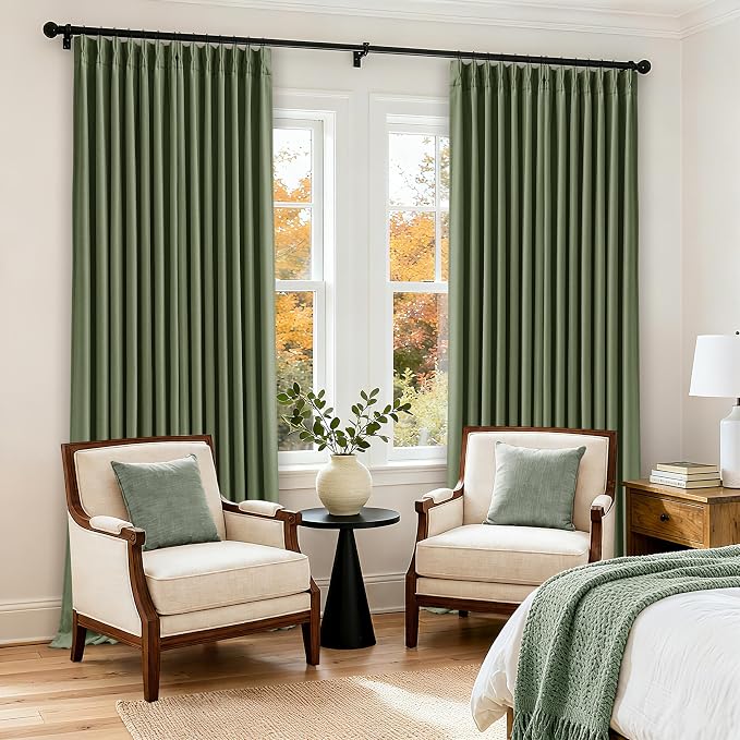 102 Inch Olive Green Linen Pinch Pleated Black Out Curtains - Image 8