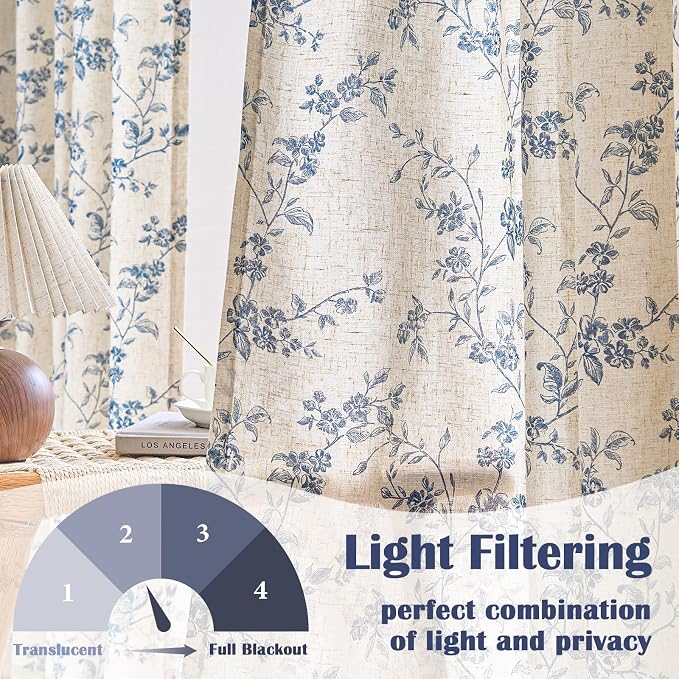 Blue Vintage Floral Linen Curtains Farmhouse 50W X 84L 2 Panels | Elisa Series - Image 3
