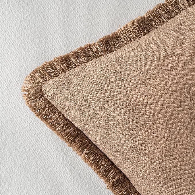 MIULEE Linen Fringe Decorative Fall Lumbar Throw Pillow Covers Brown 12x20 | - Image 3