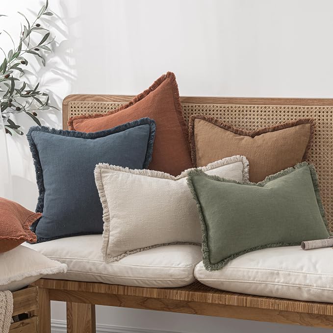 MIULEE Linen Fringe Decorative Fall Euro Throw Pillow Covers Brown 22x22 | Set - Image 6