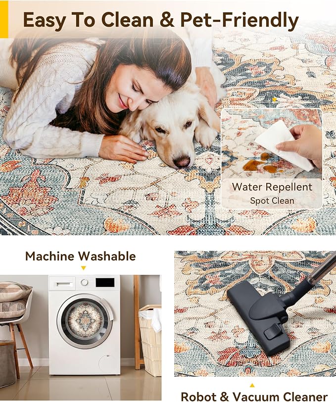 RELEANY Washable Area Rug, Round 4ft, Water Repellent, Pet Friendly, Vintage - Image 4
