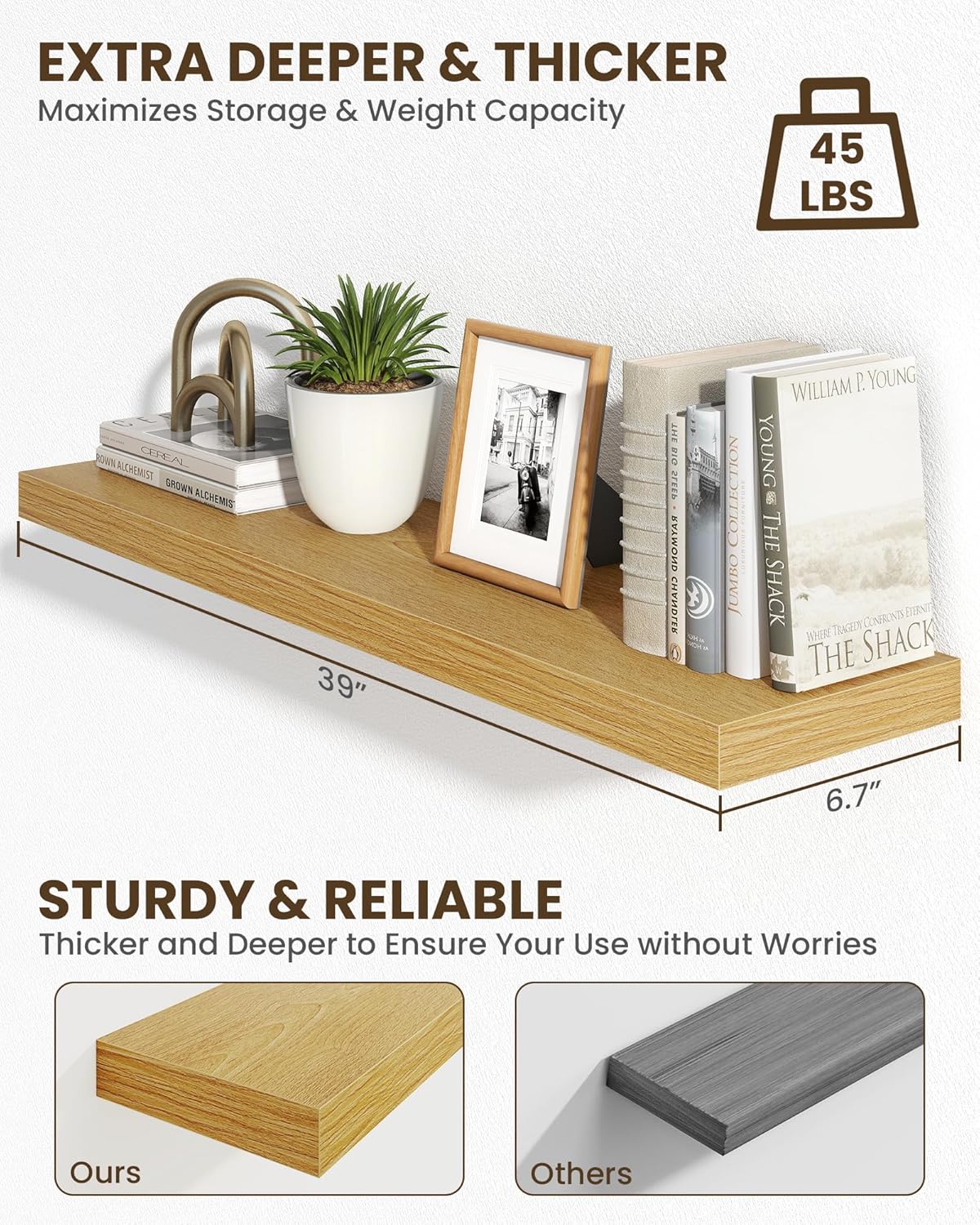 Marsmiles 39" Floating Shelves for Wall, Wooden Shelves with Invisible Brackets Set of 2, Rustic Farmhouse Wall Mounted Shelf for Kitchen Bathroom Living Room Study, Natural Oak
