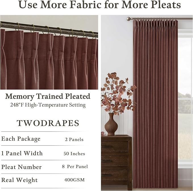 Pinch Pleated Curtains 90 Inch Long Thick Linen Rust Brown Semi Sheer Curtain - Image 6
