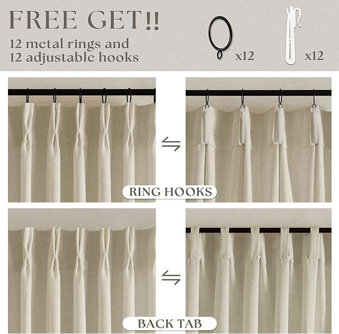 60 Inch Width 96 Inches Long Linen Pinch Pleated Curtains 1 Panel | Light - Image 4