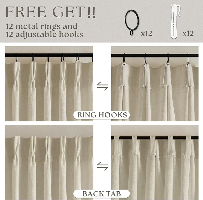 60 Inch Width 120 Inches Long Linen Pinch Pleat Curtains 1 Panel | Light - Image 5