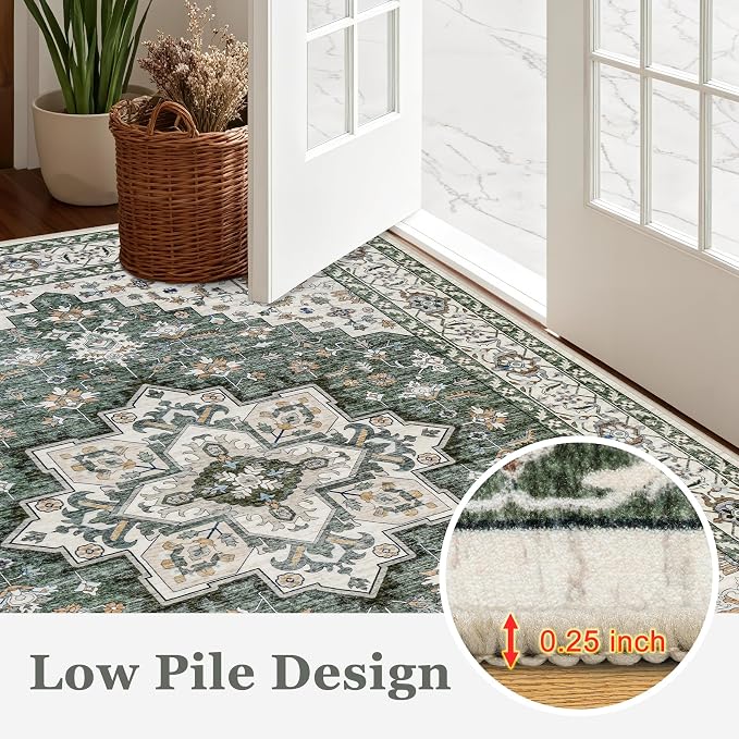 Round Area Rug for Living Room: 8ft Boho Washable Rug Green Ivory | Vintage - Image 8