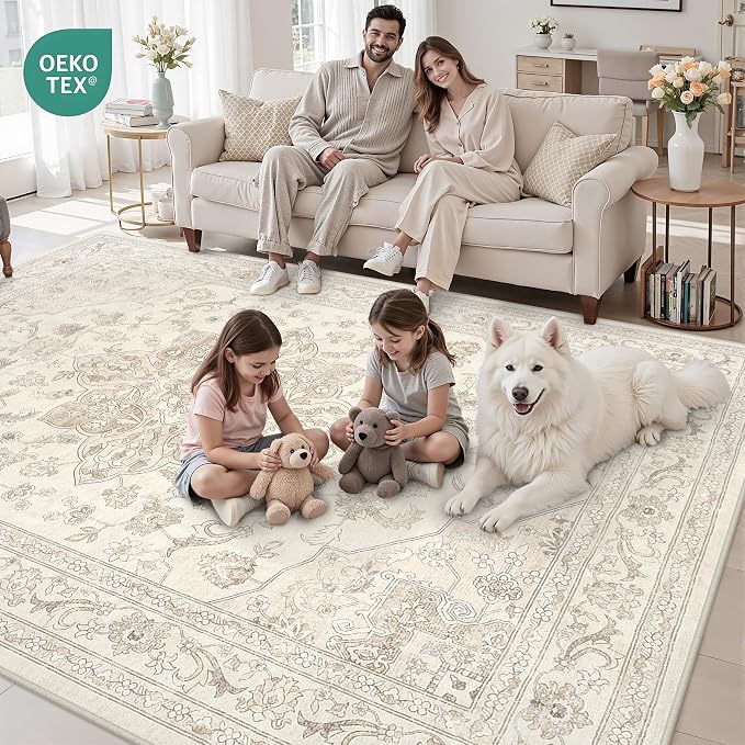 8x10 Area Rugs Living Room: Bedroom Washable Carpet Beige White | Vintage Boho - Image 7