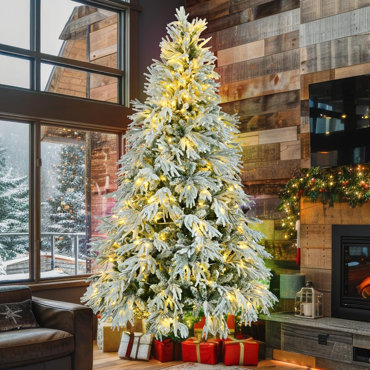 7.5FT Pre-Lit Spruce Snow Flocked Artificial Christmas Tree - Xmas Tree for Christmas,350 Multi-Color LED Lights and 1389 Branch Tips, Xmars Trees for Home Office Christmas Decor