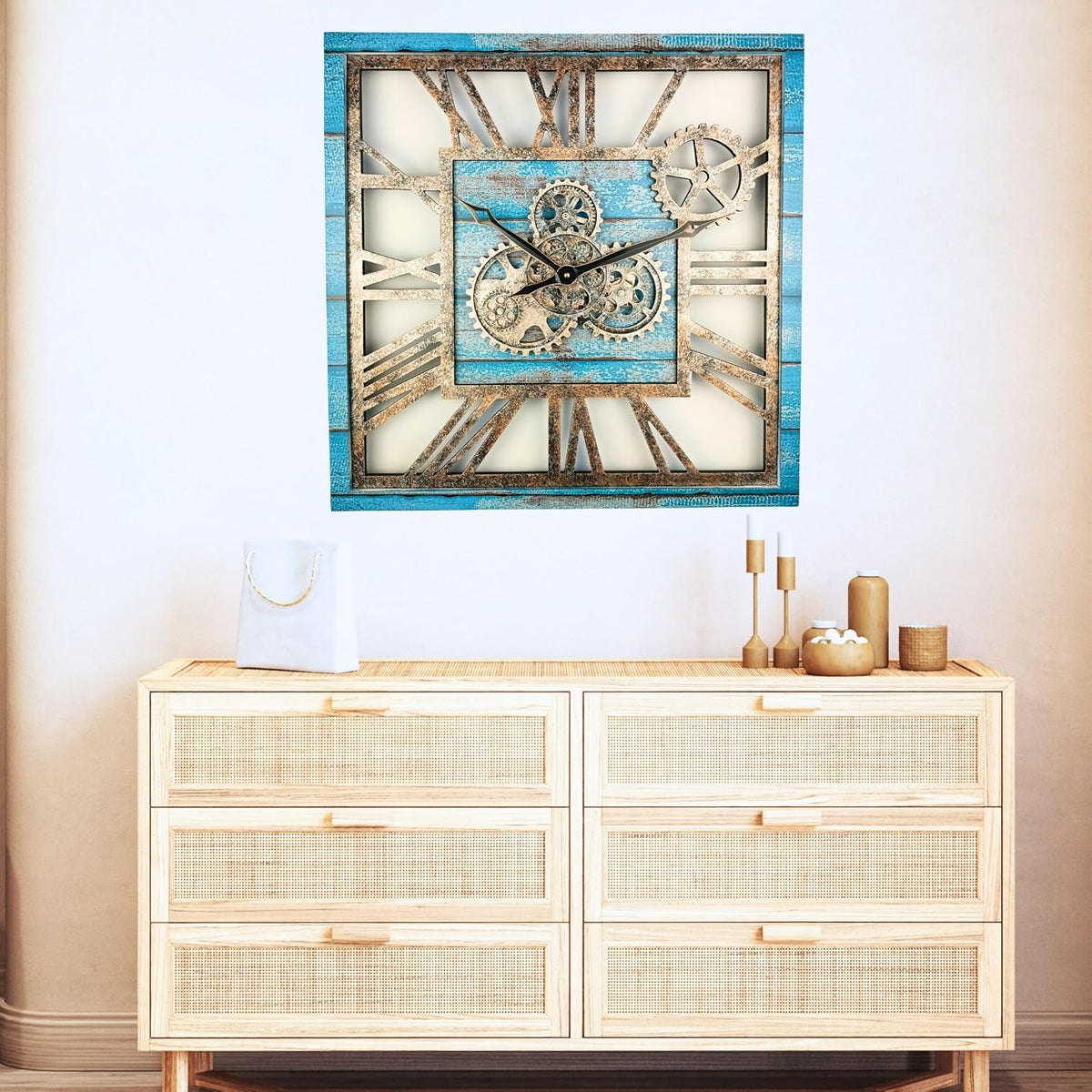 The Gears Clock 24'' Inch Square Real Moving Gear Wall Clock Vintage Industrial Oversized Rustic Farmhouse (Ocean Blue)