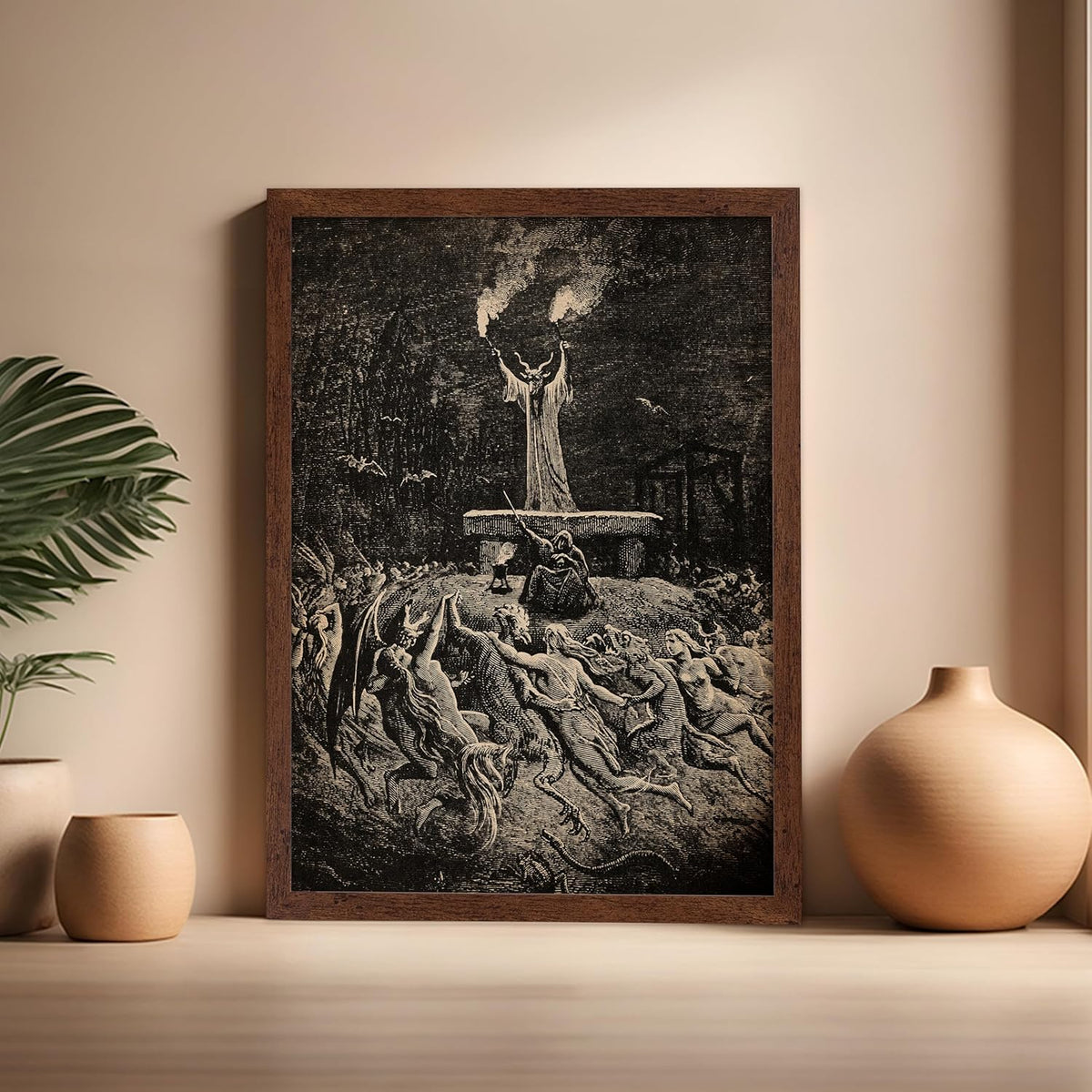Poster Master Vintage Gustave Dore Poster - Retro Illustration Print - Gift for Gothic, Horror Fan - Dance of Sabbath, Witch, Magic, Spell - Wall Decor for Bedroom, Dorm, 16x20 Brown Framed