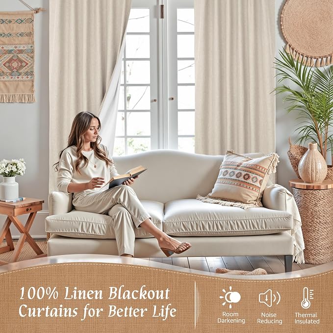 Oatmeal Linen 100% Blackout Window Curtains - Image 2