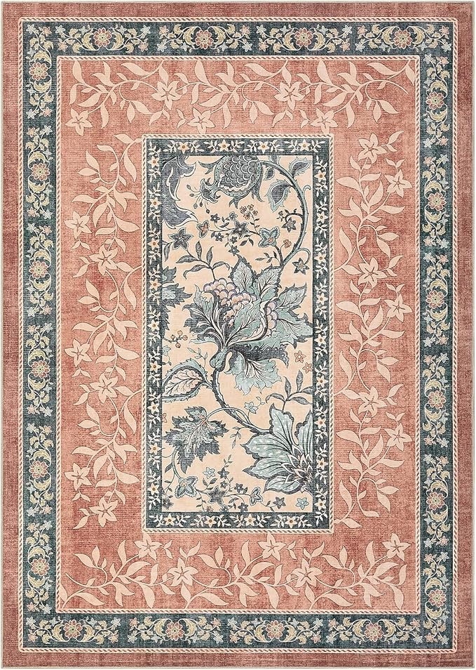 GarveeHome Terracotta Teal Washable 5x7 Area Rugs, Botanical Grove Vintage - Image 8
