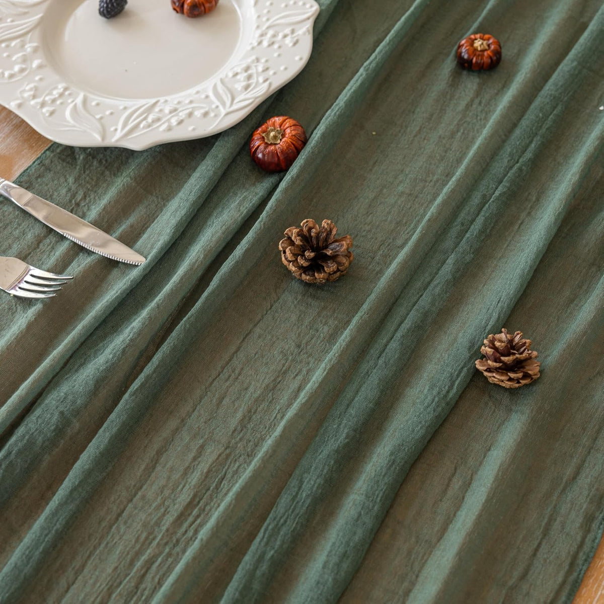 3Pcs Forest Green Gauze Rustic Cheesecloth Table Runner 120 Inch 10 FT for Wedding Baby Shower Bridal Shower Birthday Engagement Garden Outdoor Party Long Sheer Boho Decorations