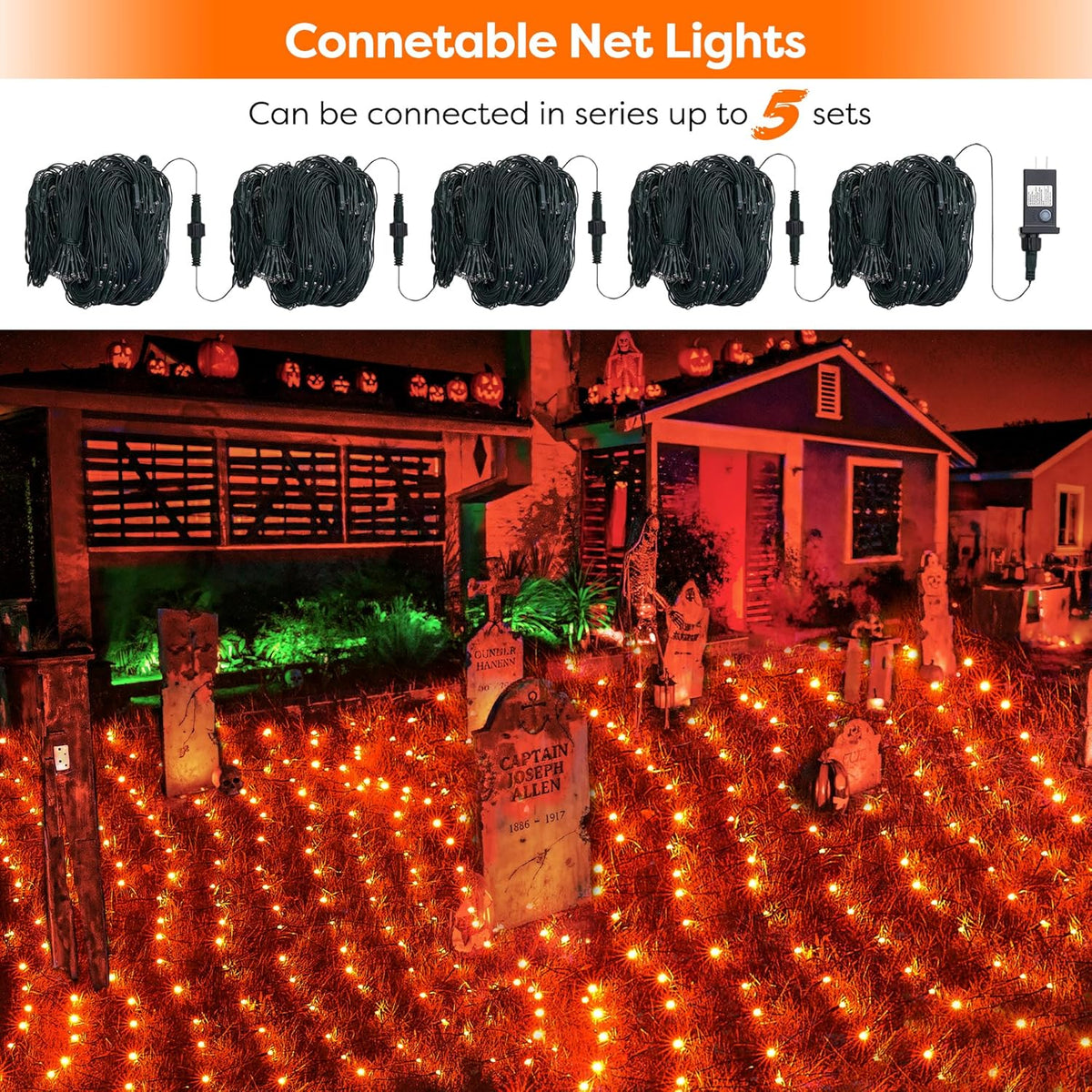 WBao Halloween Lights Outdoor 200LED 8.4ft x 5.2ft Orange Net Lights with 8 Modes, Timer, UL Certified, Connectable, Waterproof & Dark Green Wire for Lawn, Bushes, Trees, Outdoor Halloween Decorations