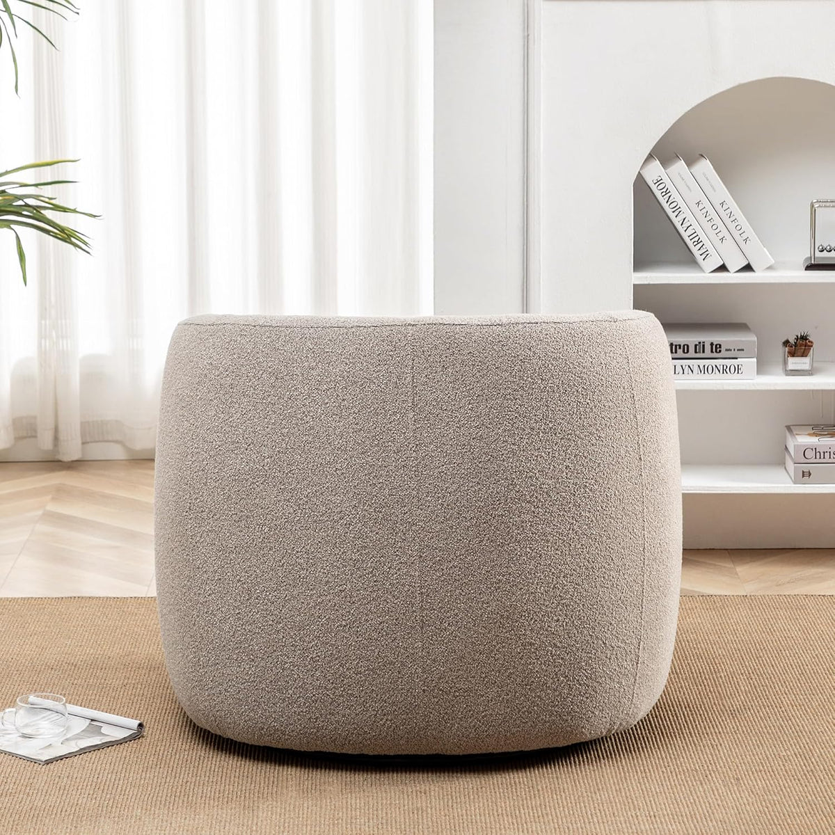 KINWELL 34" Wide Boucle Swivel Barrel Chair, No Assembly Round Upholstered Armchair Accent Chair Single Sofa Chair with Toss Pillow for Living Room and Bedroom, Taupe