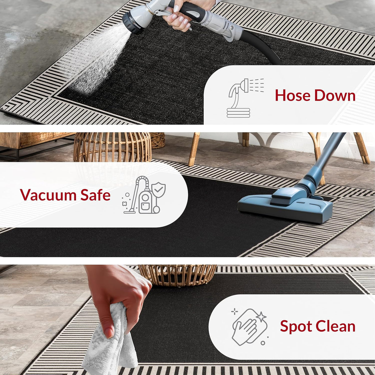 nuLOOM 4' x 6' Outdoor Area Rug, Casual Design With Striped Border, Stain Resistant, Highly Durable, For Patio, Balcony, Bedroom, Living Room, Dining Room, Bathroom, Black