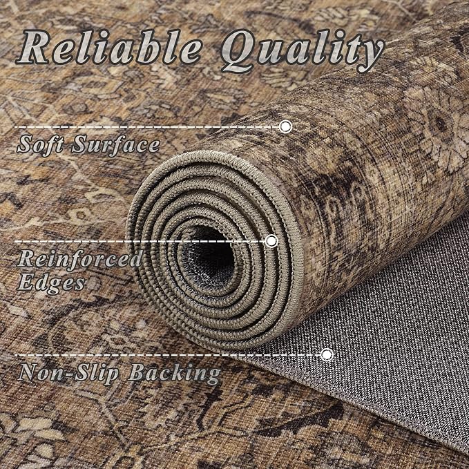 Schweek 10x14 Washable Area Rug Brown Neutral Vintage Distressed Large Rugs | - Image 5