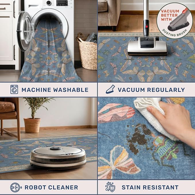 Blue Vintage Insect Runner Rug for Hallway 3x12, Washable Non Slip Kitchen Sink - Image 5