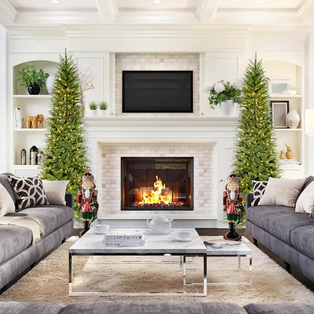 Fraser Hill Farm 7.5-Ft. Winter Falls Artificial Christmas Tree with Warm White LED Lights and Metal Base, Slim Holiday Tree with 8 Unique Light Functions, Perfect for Small Spaces and Apartments