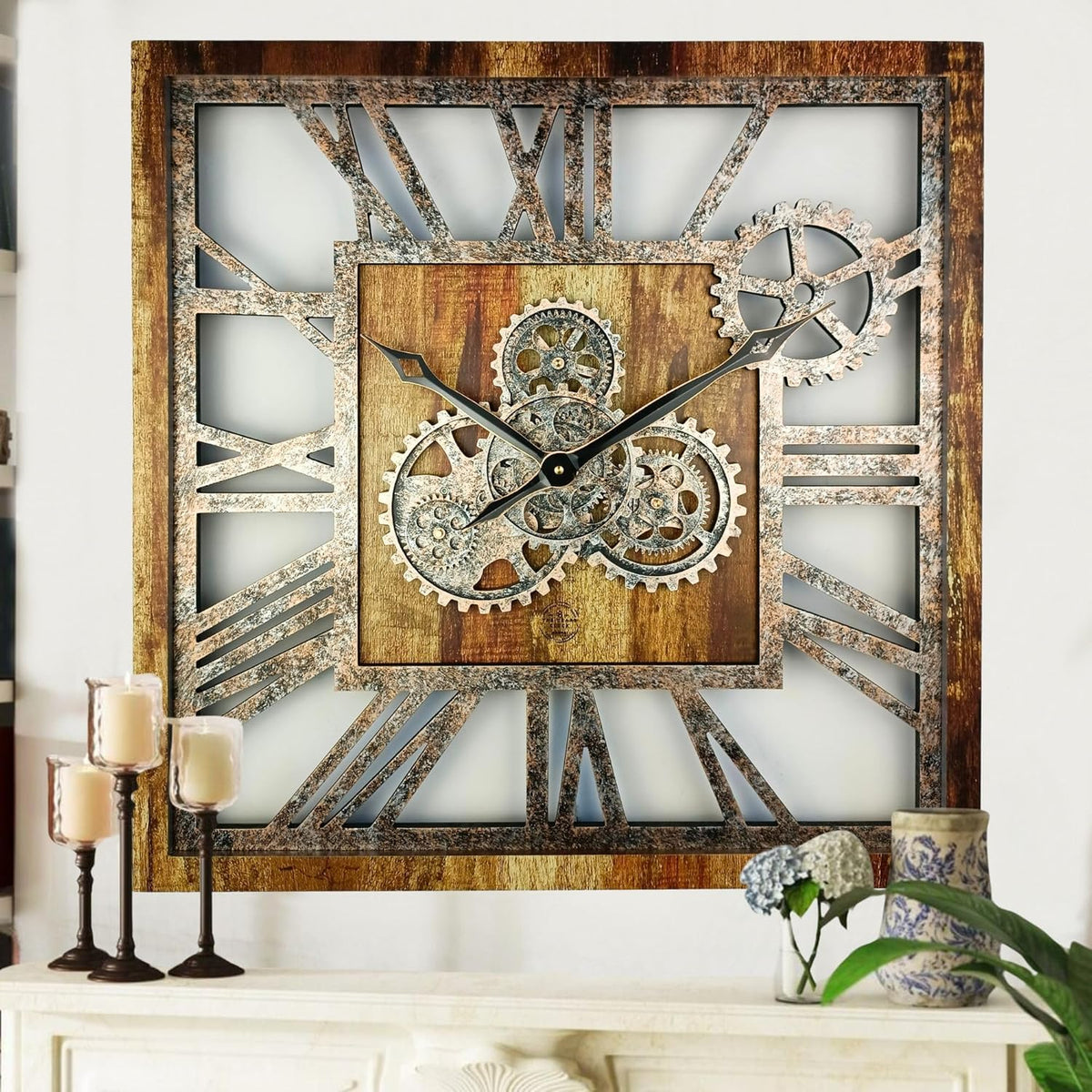 The Gears Clock 24'' Inch Square Real Moving Gear Wall Clock Vintage Industrial Oversized Rustic Farmhouse (Vintage Brown)