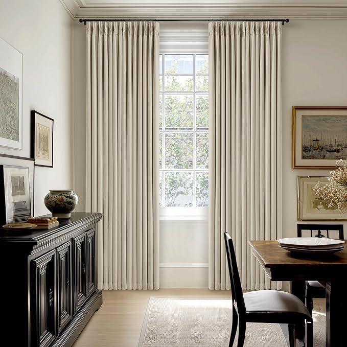 Oatmeal Linen Pinch Pleated Blackout Curtains 96 Inches Long 2 Panels Set | - Image 9