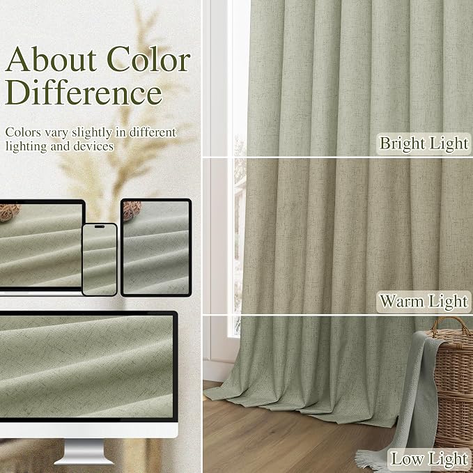 Sage Green 100% Blackout Linen Curtains 144 Inch Length 2 Panels Set - Image 7