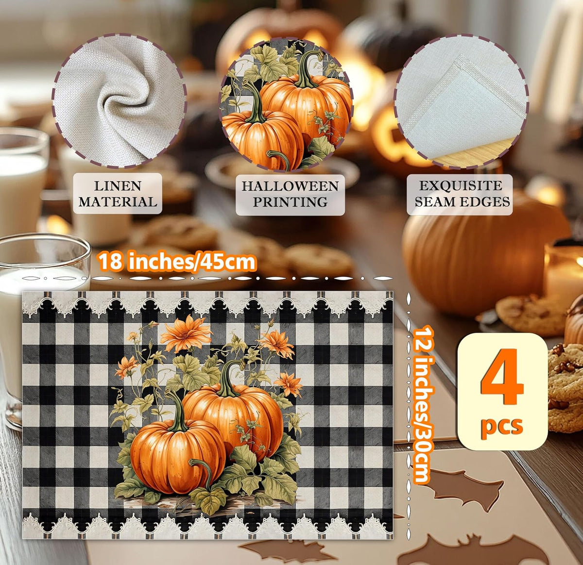 Halloween Pumpkin Placemats Set of 4, 12x18 Inch Pumpkin Plaid Table Mats, Washable Heat Resistant Place Mats for Kitchen Dining Table, Halloween Themed Decoration for Home-B07