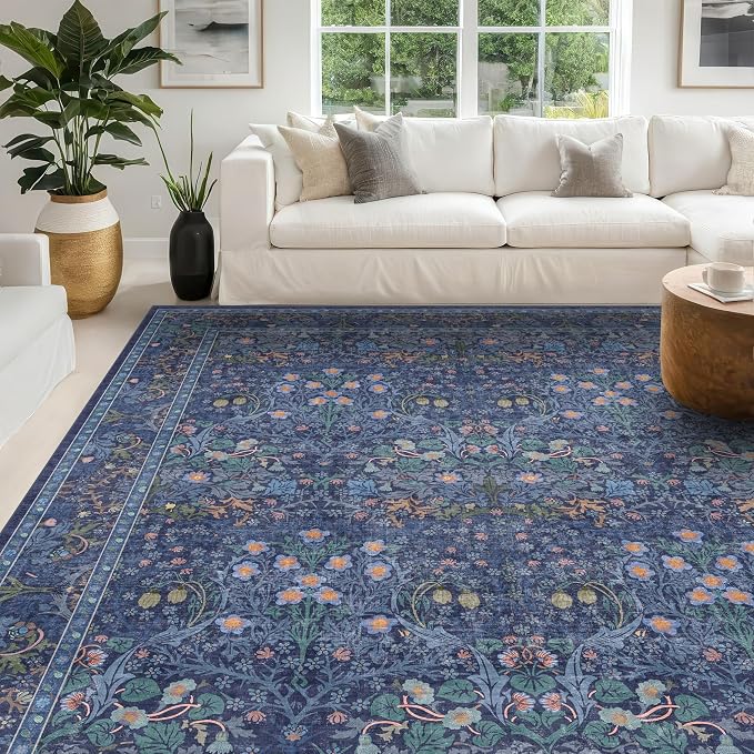 Dark Blue Living Room Rug 8x10, Vintage Floral Washable Area Rugs by HazoHaus
