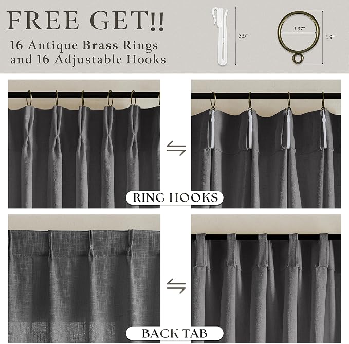 Pinch Pleat 105 Inches Linen Semi Sheer Dark Grey Curtains 50W | Charcoal Grey - Image 4