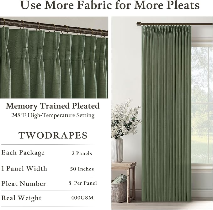 84 Inch Linen Pleated Dark Olive Green Light Filtering Country Curtains 50W | - Image 4