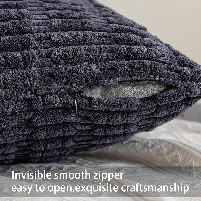 Pack of 2 Corduroy Decorative Throw Pillow Covers 22x22 Inch, Dark Grey | Fall - Image 3