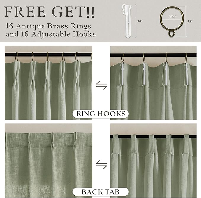 120 Inch Pinch Pleated Light Filtering Linen Curtains Sage Green 2 Panels | - Image 5