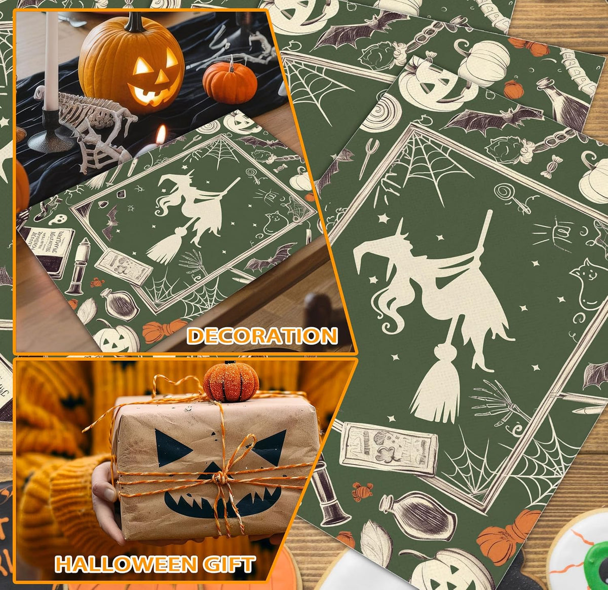 Halloween Bat Placemats Set of 4, 12x18 Inch Pumpkin Witch Table Mats, Washable Heat Resistant Place Mats for Kitchen Dining Table, Halloween Spooky Themed Decoration for Home-B10