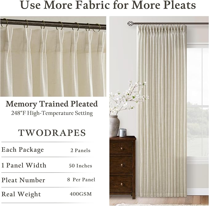Linen Pleated Light Filtering Curtains Beige Tan 100 Inches Long | Light Tan - Image 6