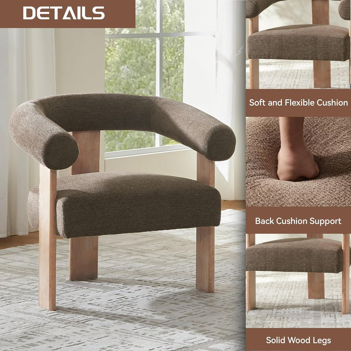 VKNOW Accent Chair Living Room Chair Set of 2, Modern Upholstered Armchair with Solid Wood Legs, Comfy Barrel Arm Chairs for Living Room Bedroom, Brown