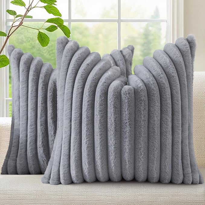 decorUhome Fall Faux Fur Throw Pillow Covers 22x22 Set of 2 Grey | Decorative by decorUhome