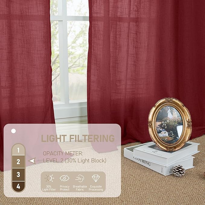 Burgundy Red Semi Sheer Window Linen Curtains 63 Inch Length | Light Filtering - Image 4