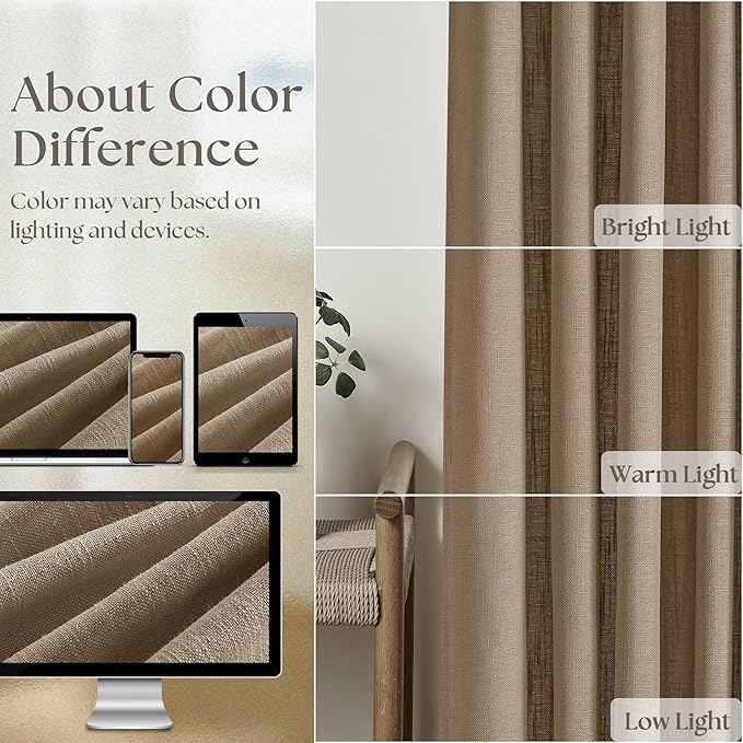 Farmhouse 80 Inch Brown Tan Pinch Pleated Linen Semi Sheer Curtains 2 Panel | - Image 4