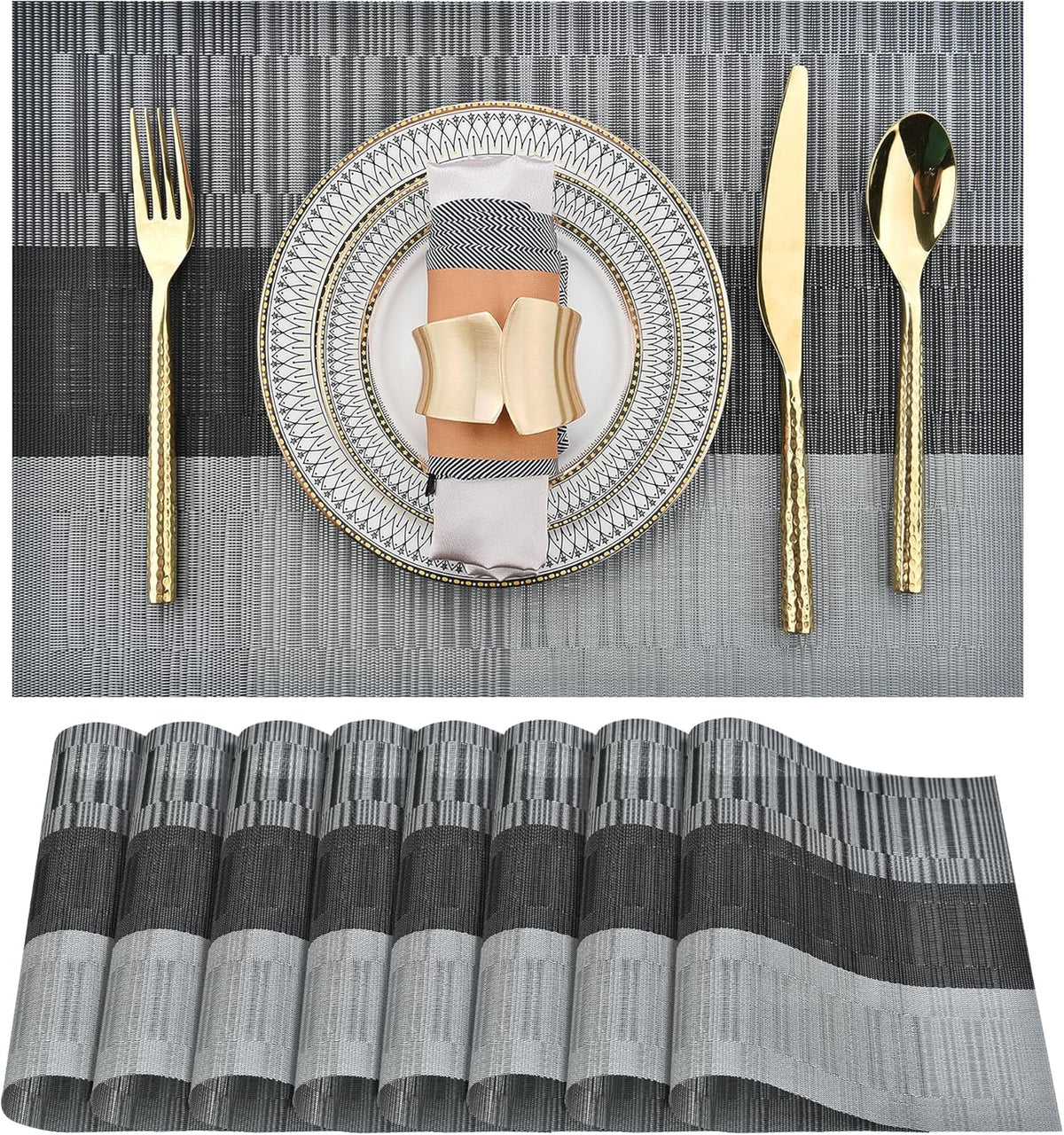 Placemats Set of 8 - Easy Clean Washable Vinyl Placemats - Heat Resistant Placemats for Kitchen Table - PVC Table Mats for Dining Table (Black and Gray, 8)