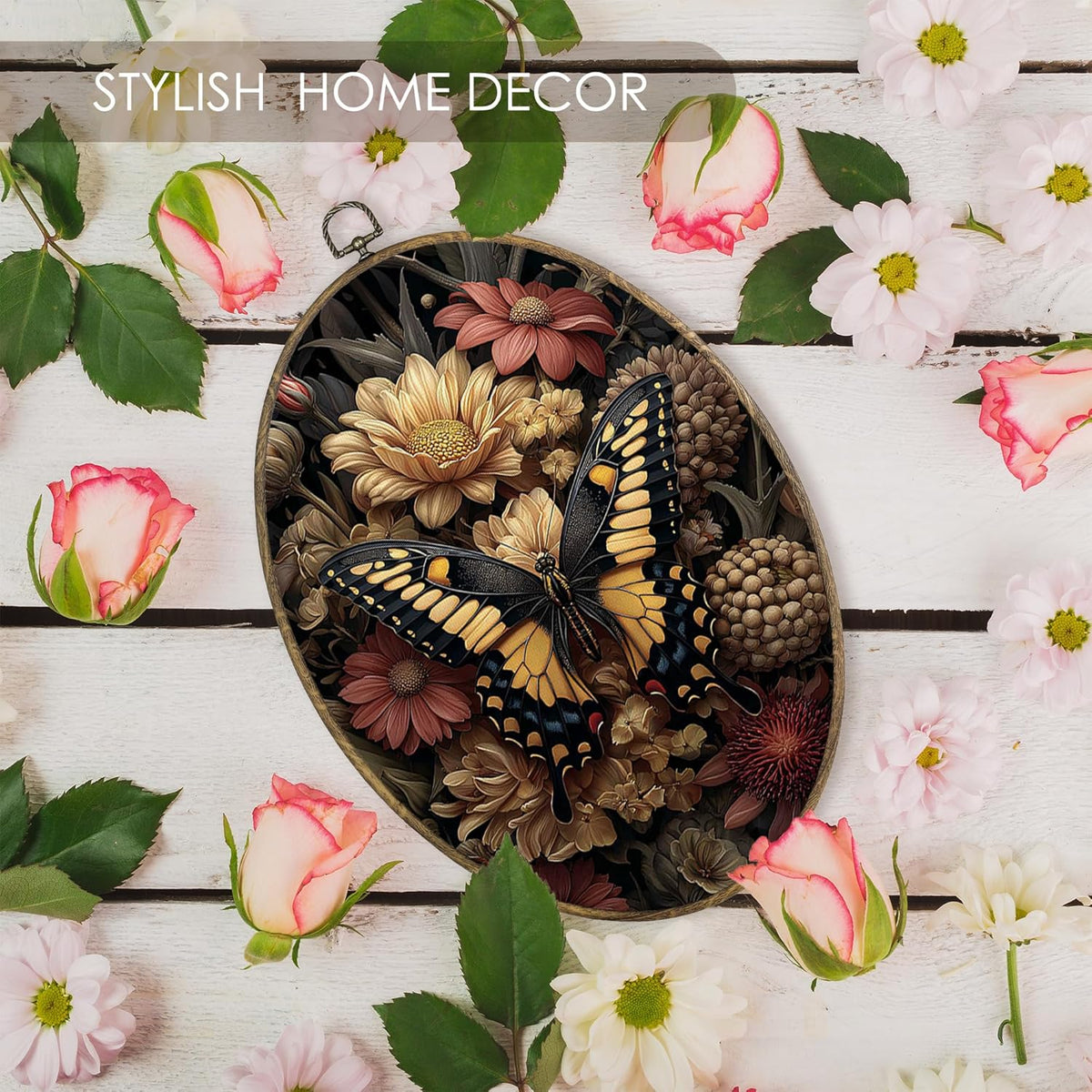Fewgb Vintage Dark Moody Butterfly Floral Oval Wall Art Decor Framed, Farmhouse Dark Cottagecore Academia Canvas Wall Art Prints Picture, Botanical Hanging Room Decor Artwork for Kitchen Bathroom 9x12
